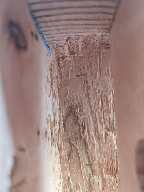the sloppy and splintered interior of one of the mortises in the bench top.